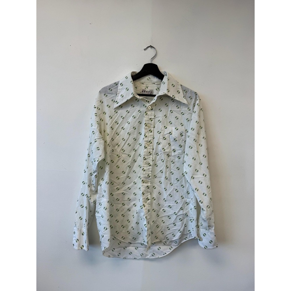 Vintage New Breed Campus Shirt Mens Large White Geometric Print Disco‎ 70s